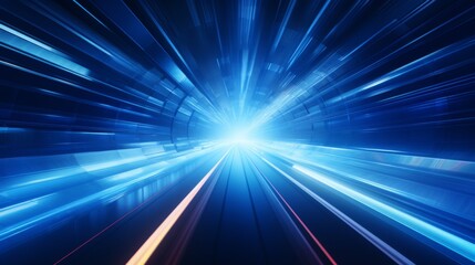 A spectacular futuristic blue tunnel with radiating light beams at the end, creating a sense of motion and speed. Perfect for representing futuristic or technological concepts.
