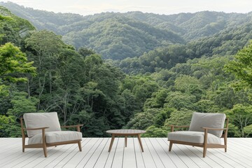 Fototapeta premium Lush green forest view from a minimalist patio featuring simple chairs and a serene natural setting perfect for relaxation and tranquility