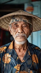 Obraz premium Middle-aged Vietnamese man with a conical hat