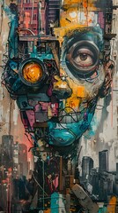 Naklejka premium Abstract Collage of a Cyborg Face in a Cityscape