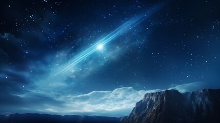 A mesmerizing night sky filled with stars and a bright meteor streaking across, illuminating the mountainous landscape below, creating a peaceful and awe-inspiring scene.