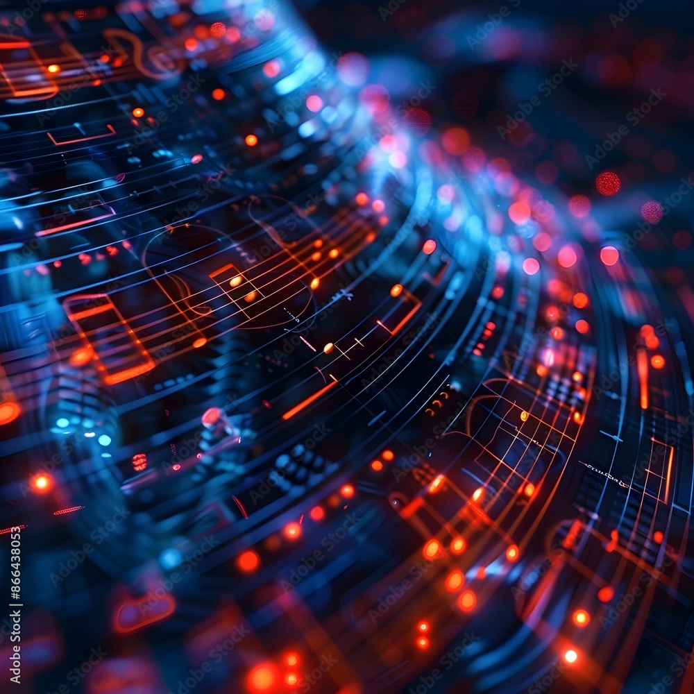 Poster futuristic music note visualization with vibrant neon lights and dynamic patterns
