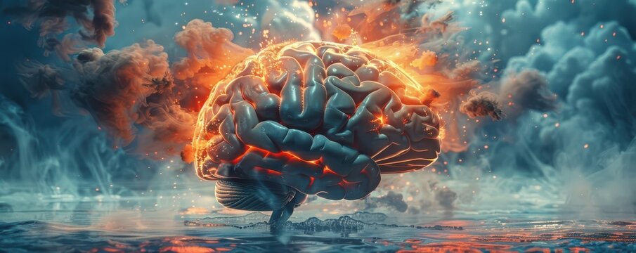 Concept art depicting a human brain exploding with knowledge and creativity, set against a dramatic, fiery backdrop. Perfect for educational and inspirational content.