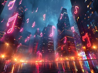 Obraz premium Neon Music Notes in a Futuristic Cityscape with Vibrant and Dynamic Background
