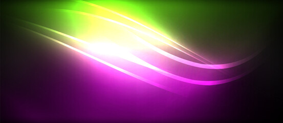 Neon glowing circle rays, light round lines in the dark, planet style neon wave lines. Energetic electric concept design for wallpaper, banner, background