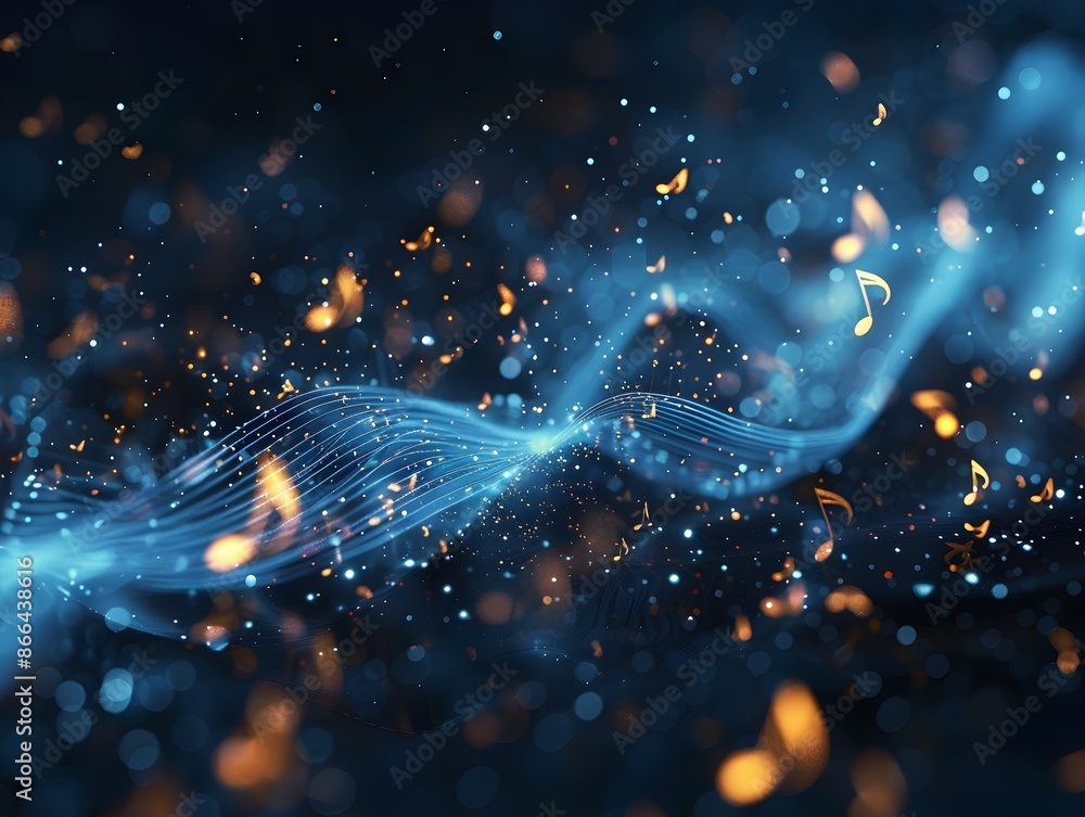 Poster glowing music notes in futuristic high tech interface with dark background