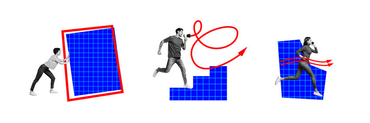 Composite artwork sketch image photo collage of job trader business team colleagues young man lady work stats graphics megaphone talk