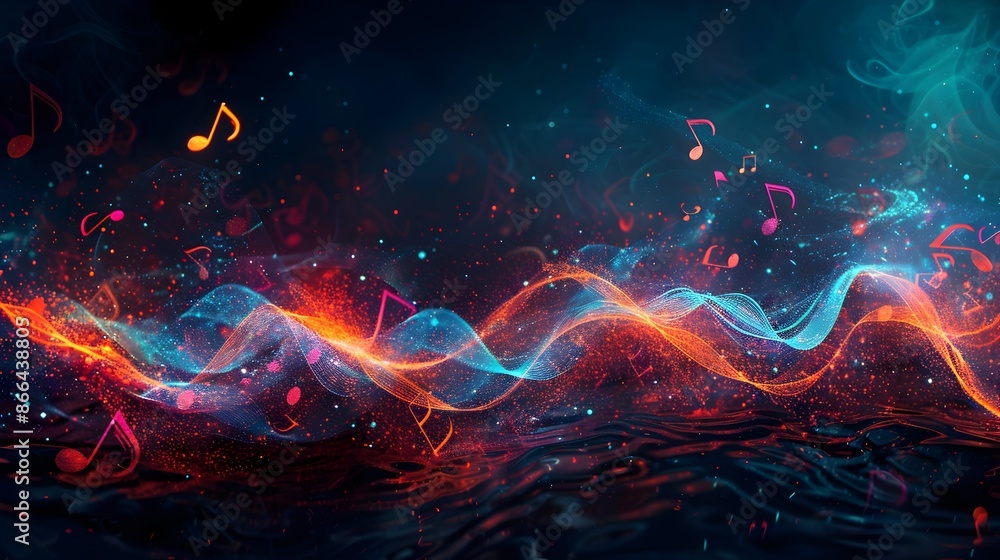 Poster mesmerizing abstract music notes on vibrant dynamic wave background