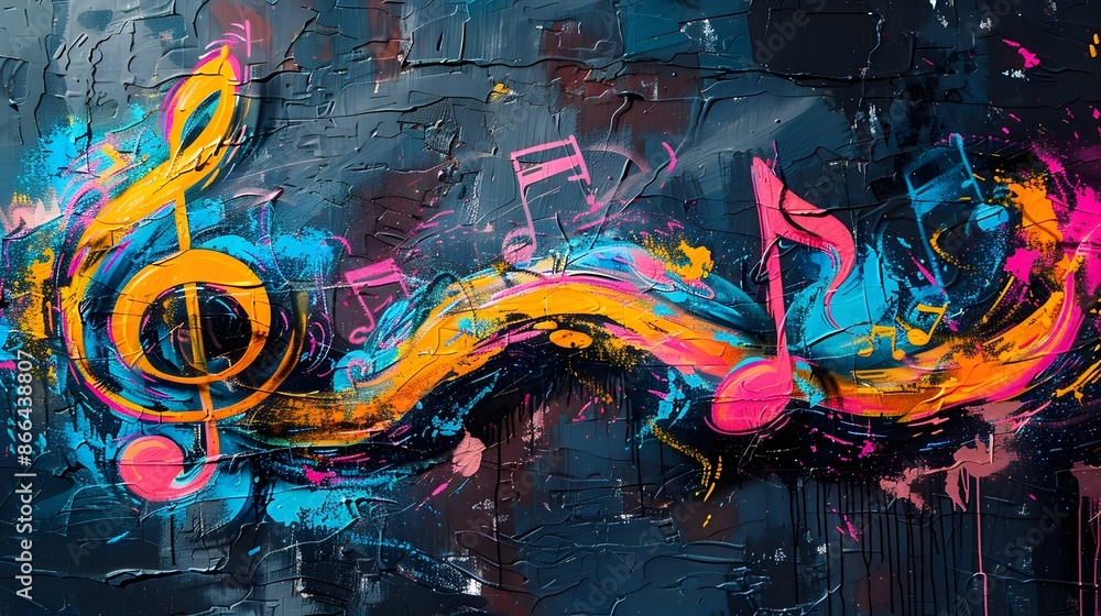 Poster vibrant graffiti style music notes in a dynamic colorful abstract background