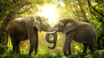 Fototapeta premium Two elephants touch their trunks together in a sunlit forest glade, creating a heartwarming moment amidst vibrant greenery and natural light.