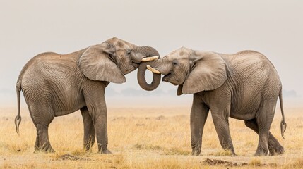 Obraz premium A serene scene where two elephants, symbolizing unity and friendship, intertwine their trunks while standing on a grassy plain with the vast wilderness as their backdrop.