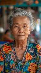 Middle-aged Thai woman with a floral dress