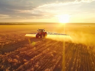 Fototapeta premium agricultural technology modern tractor sprays crops in vast field at golden hour precision farming techniques highlighted by sunlit mist and advanced equipment