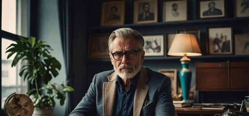 Fototapeta premium Mature man sitting on table in retro office