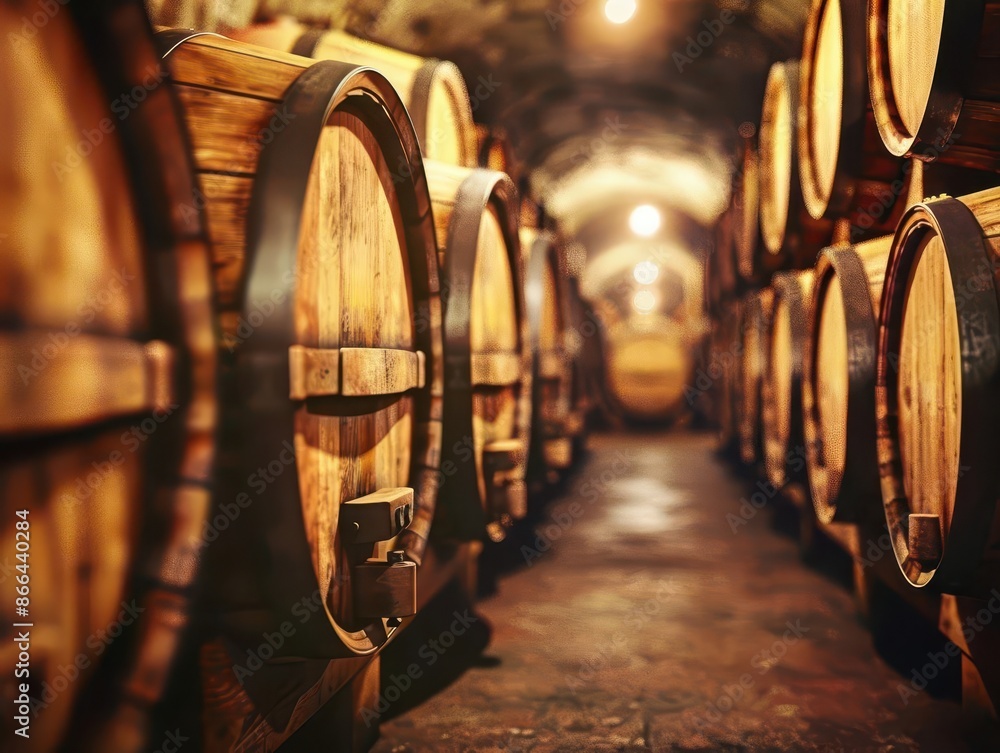 Wall mural atmospheric winery cellar with rows of aged oak barrels warm golden lighting accentuates the rich wood tones and creates a sense of depth tradition and craftsmanship in winemaking