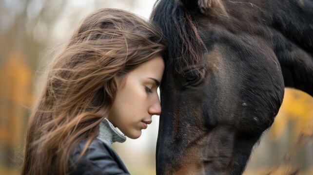 Woman with long hair and horse touching foreheads in autumn setting - Powered by Adobe