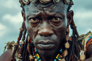 Closeup of an african man adorned with cultural beads and regalia, symbolizing heritage
