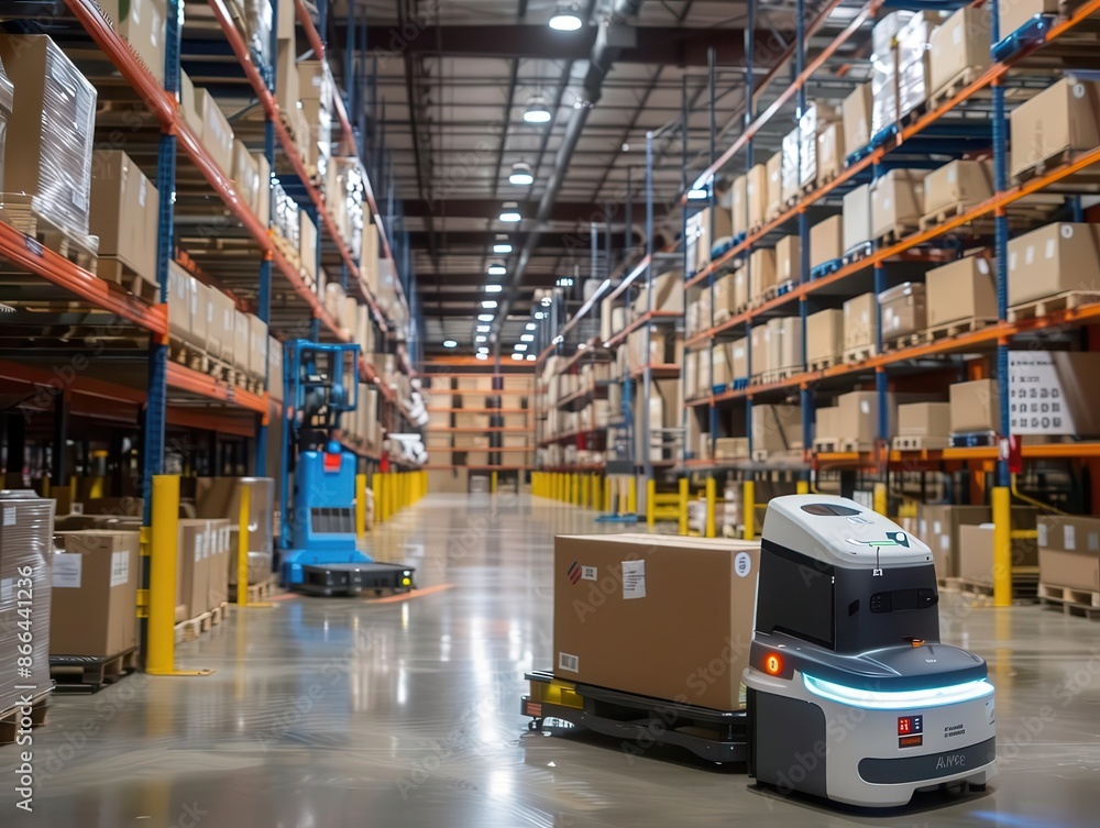 Poster bustling warehouse interior with diverse team efficiently managing inventory robot assistants naviga