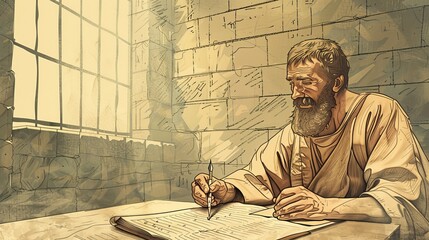 Saint Ignatius Chained, Martyrdom Scene, Roman Soldiers, Biblical Illustration, Beige Background, Copyspace