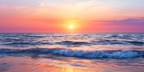 Fototapeta premium Painting the Sky A Sunset in Hues of Orange, Red, and Purple Reflecting over Gentle Waves. Concept Sunset Photography, Ocean Views, Vibrant Colors, Reflections, Nature Landscape