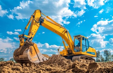 Obraz premium Excavator Digging in Sand Under a Bright Sky