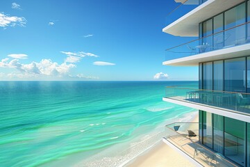 Obraz premium Scenic beach with turquoise water and clear sky featuring a modern coastal setting perfect for relaxation and enjoying the beauty of nature