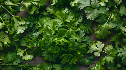 Fresh green vitamin parsley leaves. Herbs and spices. Top view flat lay