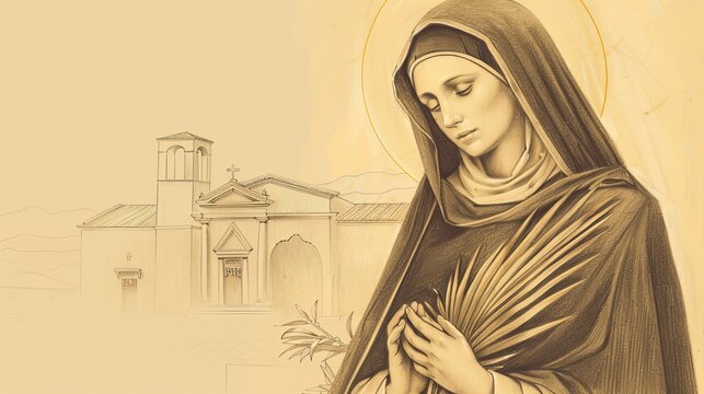 Deep prayer of Saint Agatha of Sicily holding a palm branch, symbolizing martyrdom. Serene church background, purity and devotion, divine presence. Biblical Illustration, Beige Background, copyspace.