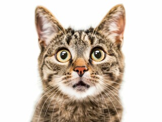 comical closeup of wideeyed tabby cat with exaggerated surprised expression vibrant fur details and whiskers pop against stark white studio background