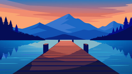 Obraz premium Vector illustration of a wooden pier overlooking a lake and mountain landscape