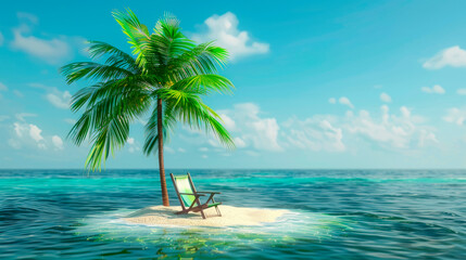 A beach chair stand next to a green palm tree on a tiny sand island in the middle of the tropical sea. Travel concept.