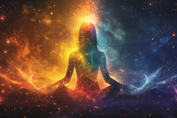 Cosmic meditation artwork of a woman in a lotus pose with glowing energy aura. Spiritual enlightenment, chakra healing, astral projection, and higher consciousness visualization.

