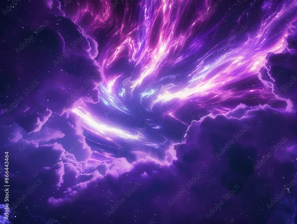 Poster cosmic violet sky aglow with pulsating neon energy swirling auroras electric streaks and luminous cl