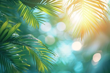 Obraz premium Abstract summer defocused background with frame, nature of tropical, rays of sun light. Beautiful sun glare sparkle on sea water and palm leaves, blue sky. Copy space, summer vacation concepthigh