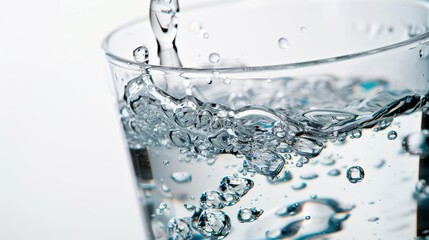 crystal clear glass of pure water with perfect droplets suspended midair against a stark white background crisp refreshing visual with high contrast and precise details