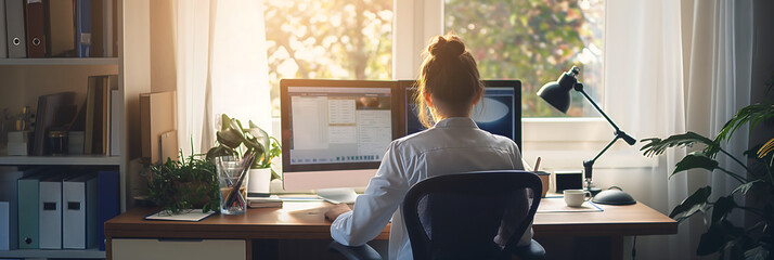 Woman working from home office remote job modern workspace computer desk sunlight productivity freelancer professional home office setup efficient work environment organized space

