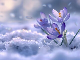 delicate purple crocuses emerge from pristine snow blanket soft focus cool color palette and intricate petal details capture the fragile beauty of early spring awakening