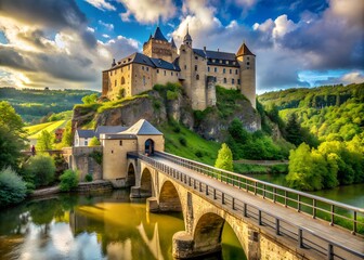 Fototapeta premium the road leading over the high bridge, across the river, leading to the majestic high castle