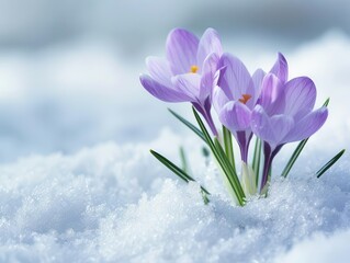 delicate purple crocuses emerge from pristine snow blanket soft focus cool color palette and intricate petal details capture the fragile beauty of early spring awakening
