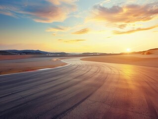 Fototapeta premium deserted motor racing circuit at dawn empty asphalt track winding through dramatic landscape