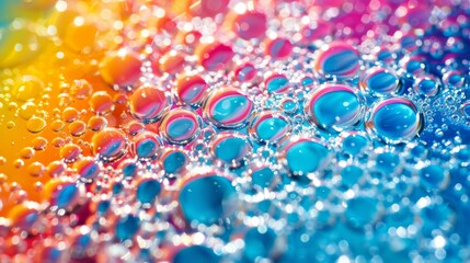 Abstract colorful rainbow oil bubbles floating on water. Closeup shot of  soap bubbles in blue, red, yellow, orange, and pink colors. Macro photo of bubbles in liquid.