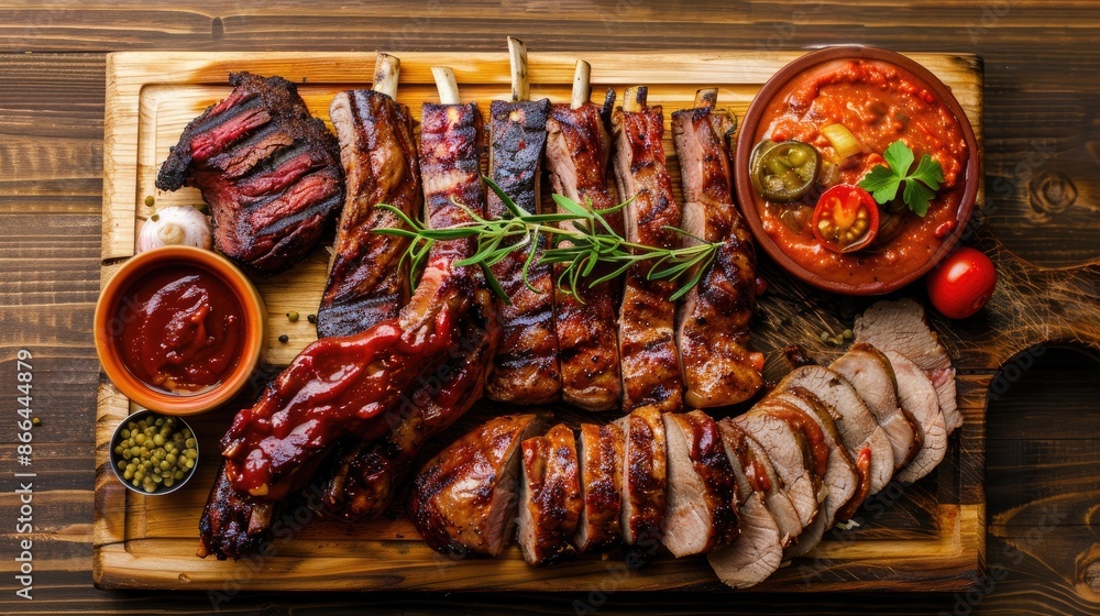 Poster Barbecue meats presentation on wooden cutting board top view