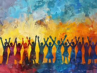 diverse group silhouettes against colorful sunset sky raised arms unity gesture abstract painterly style hope and solidarity theme