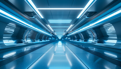 Obraz premium Futuristic teleport station in blue interior.