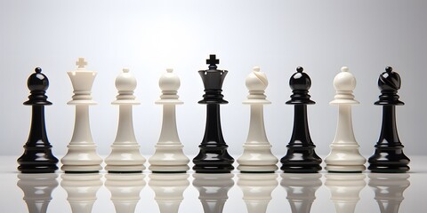 stands leading a formation of various chess pieces, Various chess pieces positioned on a chess board, various chess pieces