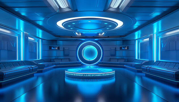 Futuristic teleport station in blue interior.