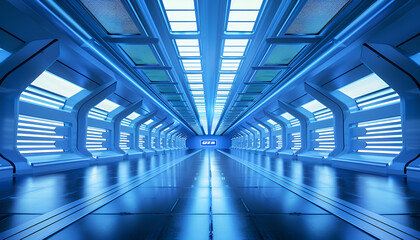 Fototapeta premium Futuristic teleport station in blue interior.