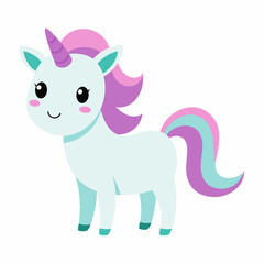 A cute unicorn with a purple mane and tail on white background