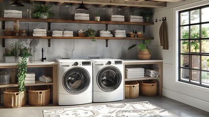 Modern Laundry Room With White Washers and Wooden Shelves