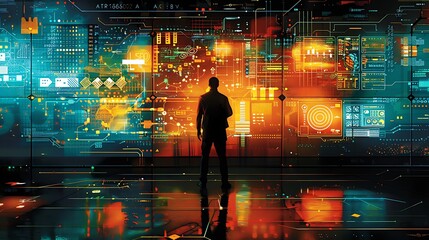 Business professionals exploring new technologies their impact on market growth and efficiency using visual data and informative graphics